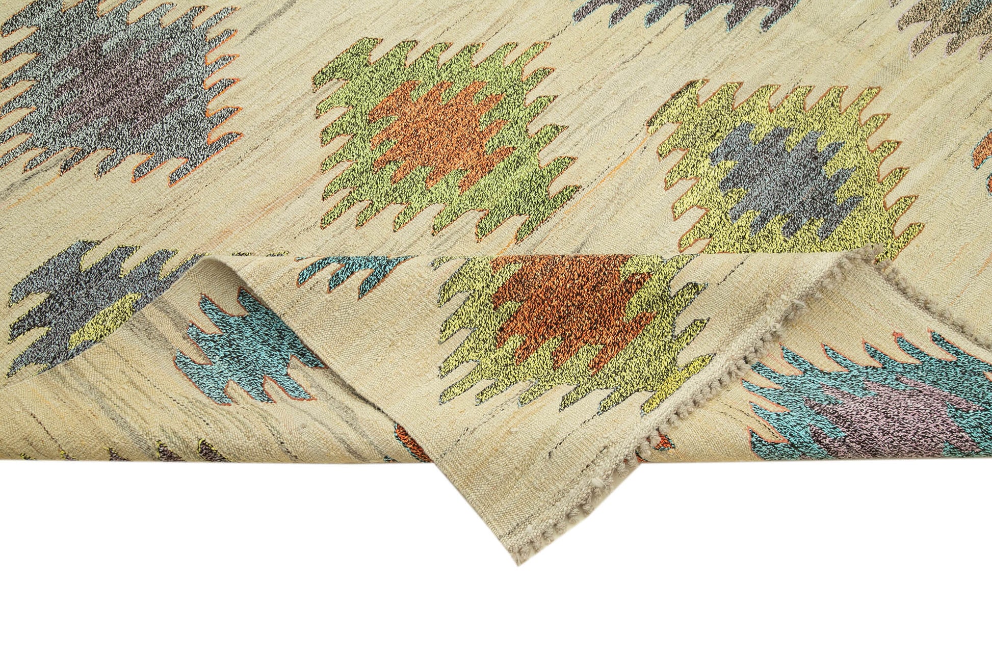 Scrap Yeşil Geometrik Pamuk Yün El Dokuma Halısı 242x317 Agacan