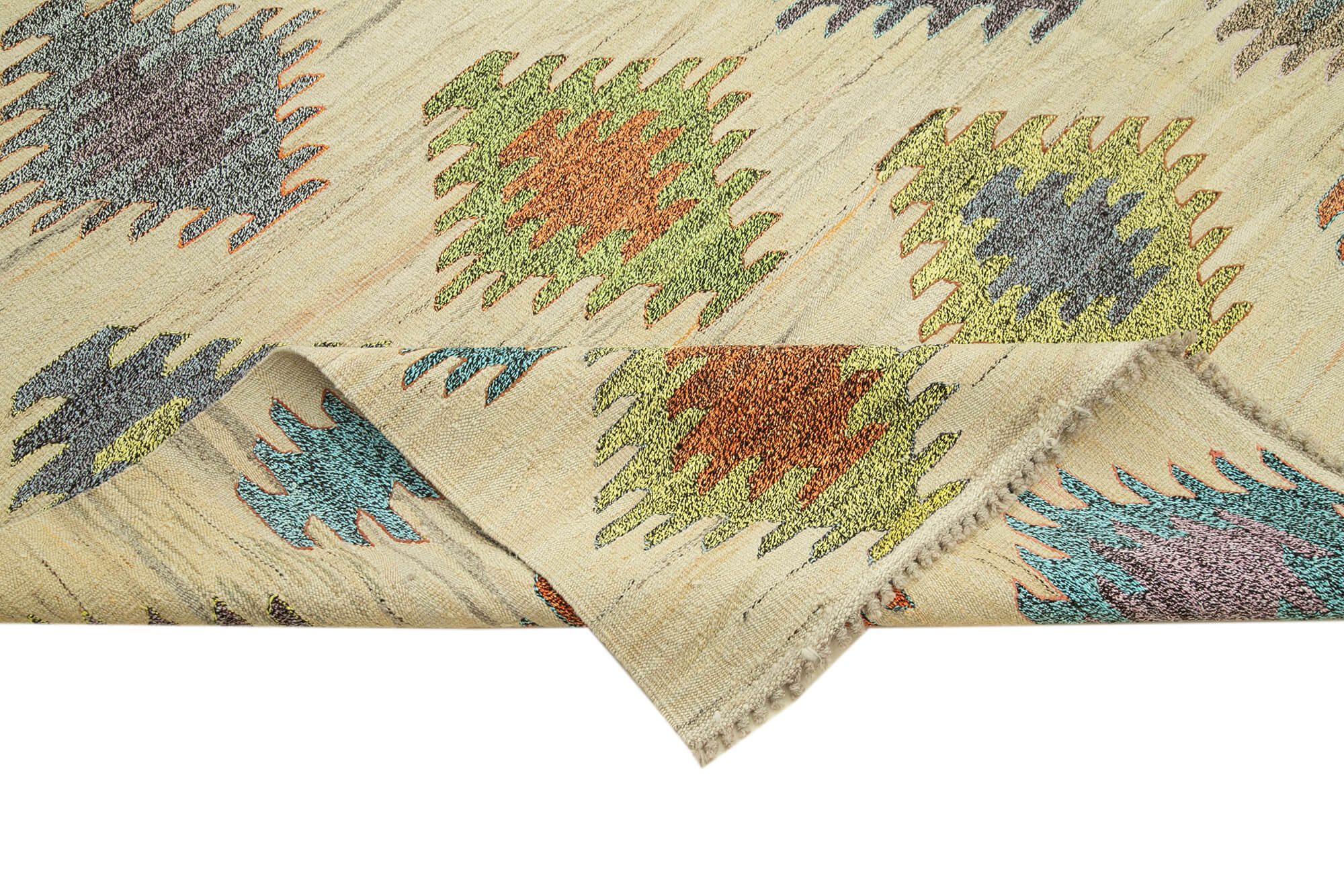 Scrap Yeşil Geometrik Pamuk Yün El Dokuma Halısı 242x317 Agacan