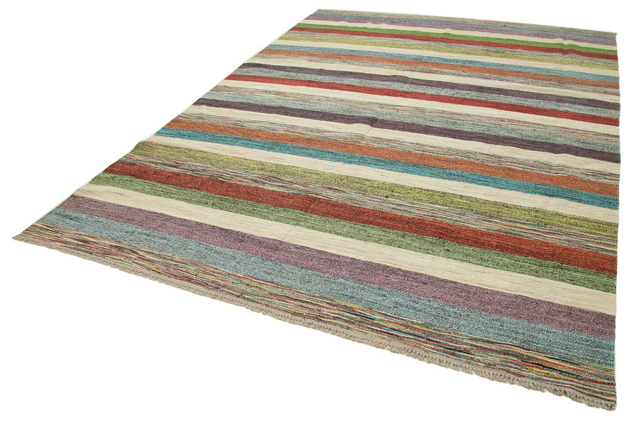 Scrap Mavi Geometrik Pamuk Yün El Dokuma Halısı 270x376 Agacan