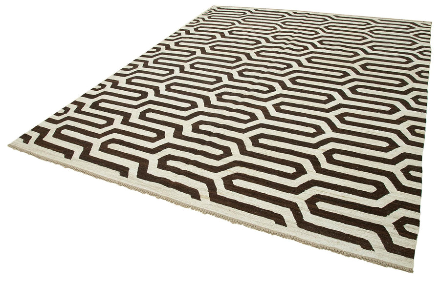 Scrap Kahverengi Geometrik Pamuk Yün El Dokuma Halısı 243x310 Agacan