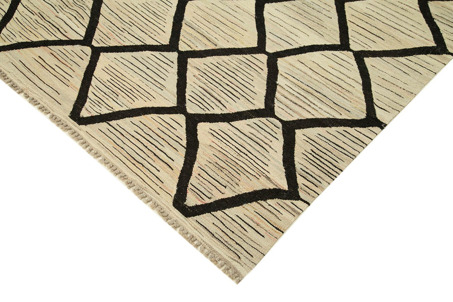 Cream & Black Geometric Hand-Knotted Turkish Rug 247x306 cm (8'1" x 10') – in the living room