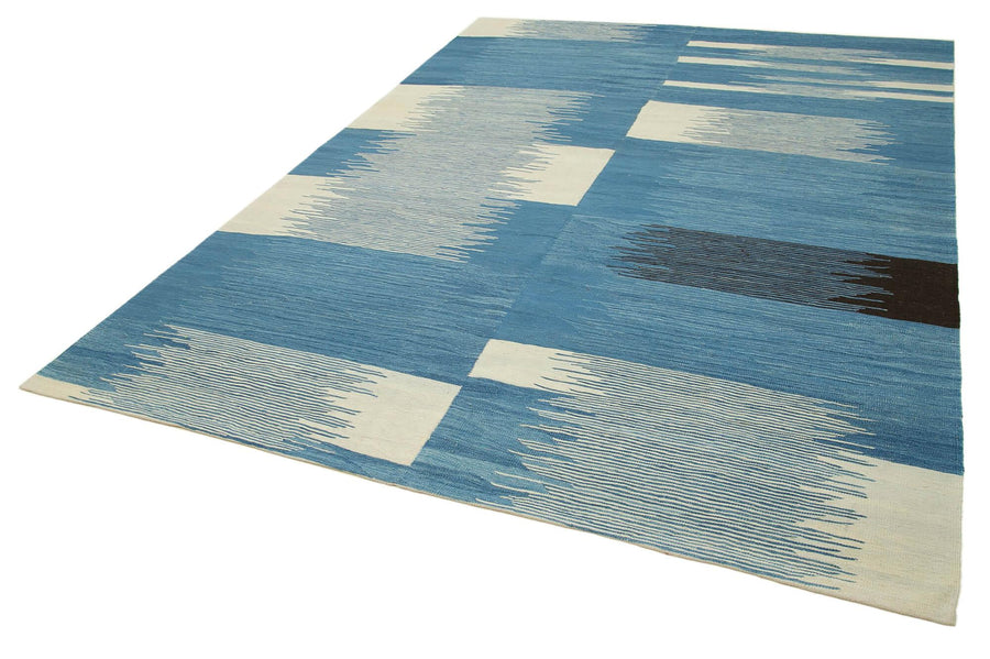 Scrap Mavi Geometrik Pamuk Yün El Dokuma Halısı 220x307 Agacan