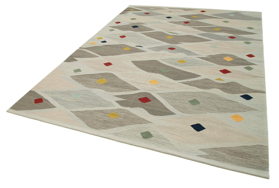 Scrap Gri Geometrik Pamuk Yün El Dokuma Halısı 205x289 Agacan