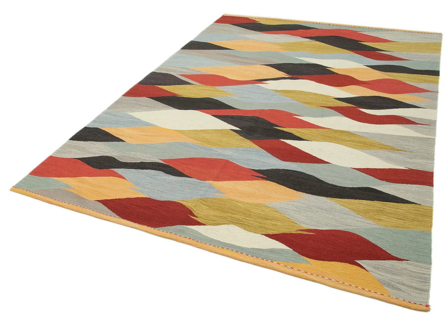 Scrap Mavi Geometrik Pamuk Yün El Dokuma Halısı 203x303 Agacan