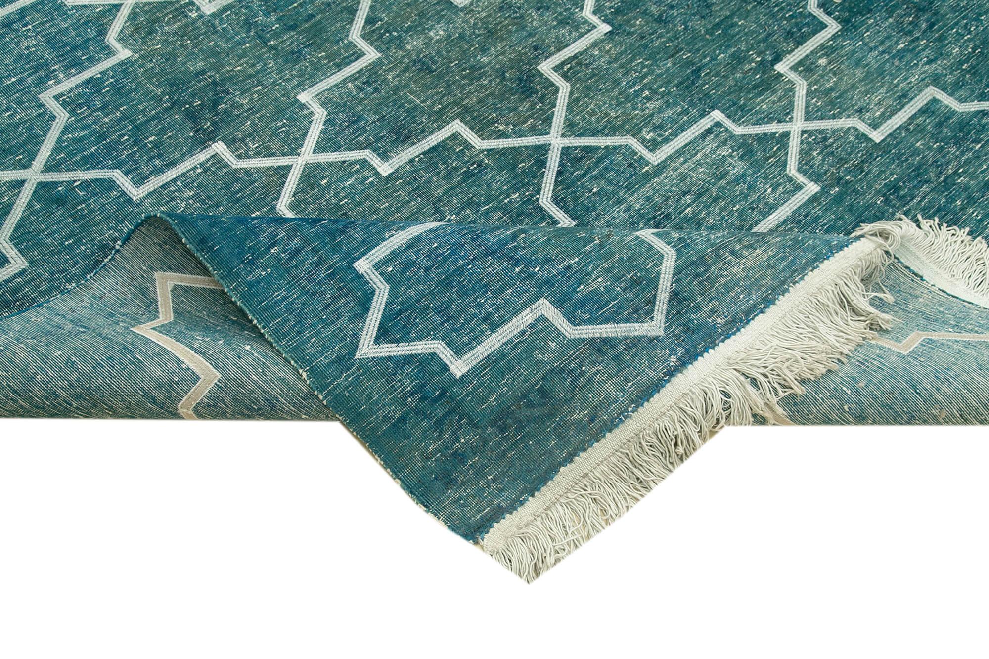 Geometric Carpet Turkuaz Geometrik Pamuk Yün El Dokuma Halısı 301x409 Agacan