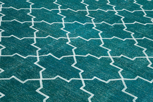 Geometric Carpet Turkuaz Geometrik Pamuk Yün El Dokuma Halısı 287x391 Agacan