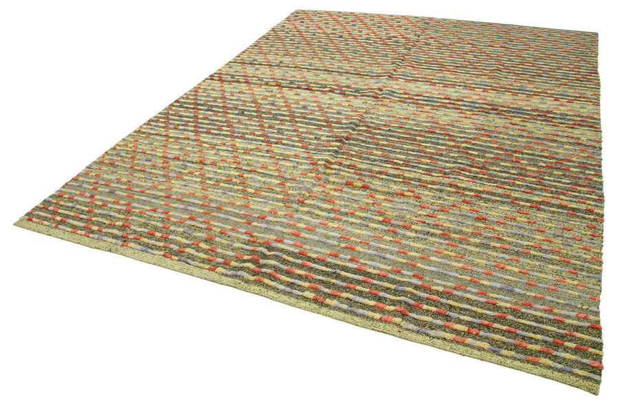 PonponYeşil Geometrik Pamuk Yün El Dokuma Halısı 258x348 Agacan