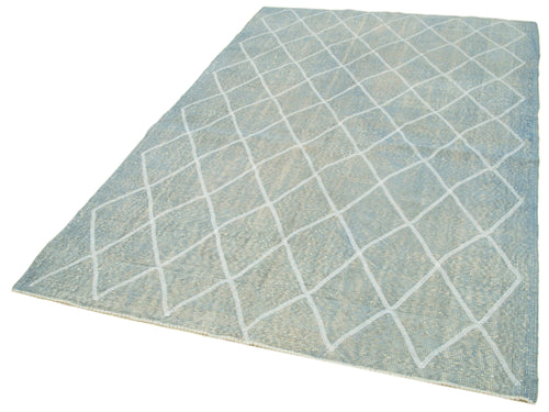 Geometric Carpet Mavi Geometrik Pamuk Yün El Dokuma Halısı 162x263 Agacan