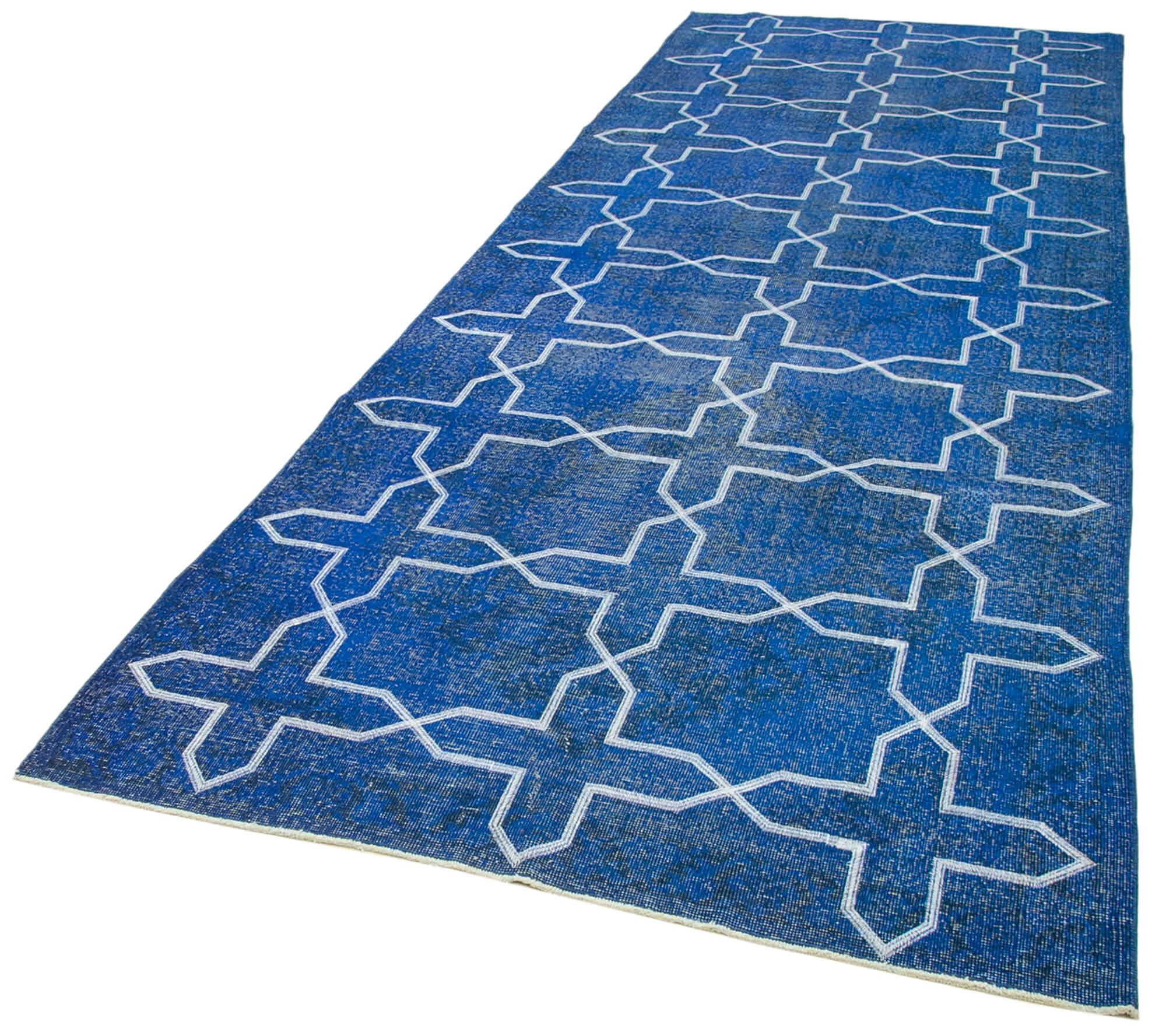 Geometric Carpet Mavi Geometrik Pamuk Yün El Dokuma Halısı 144x402 Agacan