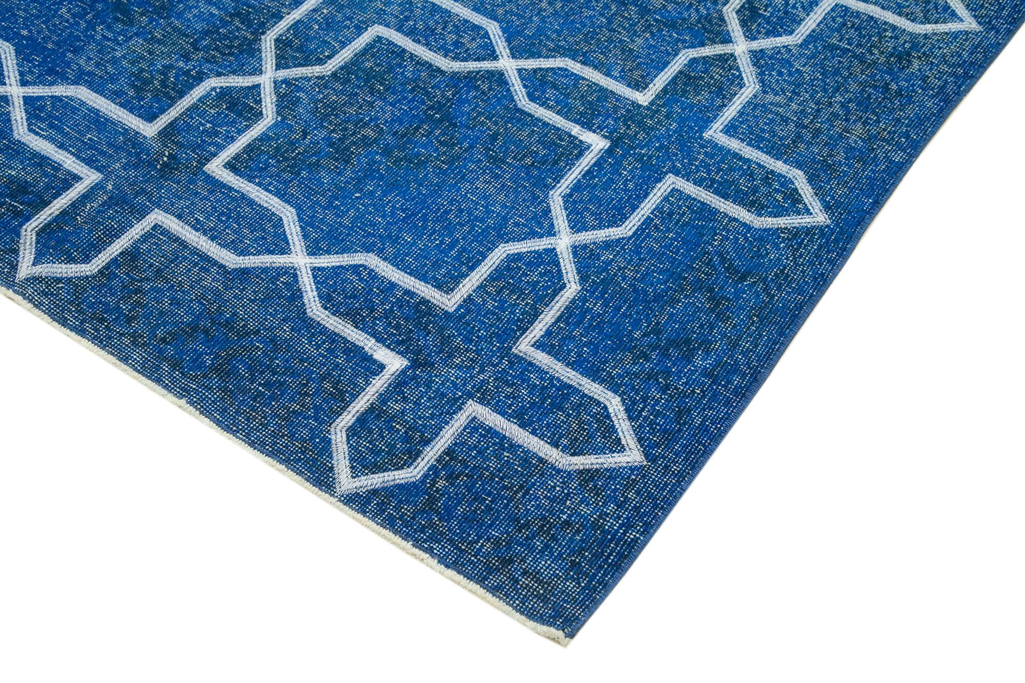 Geometric Carpet Mavi Geometrik Pamuk Yün El Dokuma Halısı 144x402 Agacan