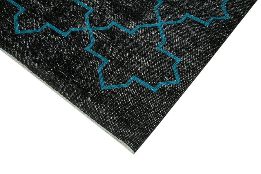 Siyah ve Turkuaz Geometrik Desenli Yün El Dokuma Yolluk 145x375 cm – Salon kullanımı