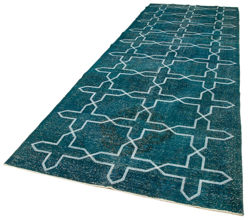 Geometric Carpet Turkuaz Geometrik Pamuk Yün El Dokuma Halısı 140x402 Agacan