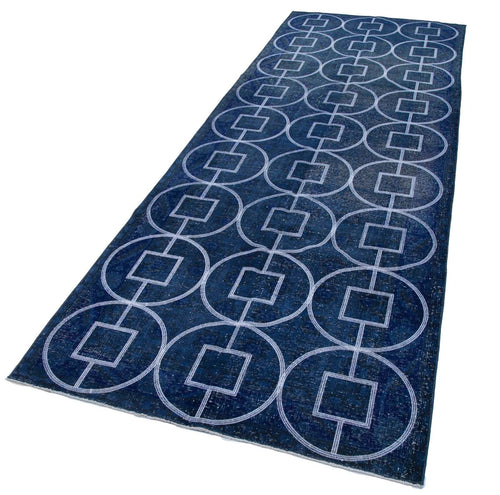 Geometric Carpet Mavi Geometrik Pamuk Yün El Dokuma Halısı 128x364 Agacan