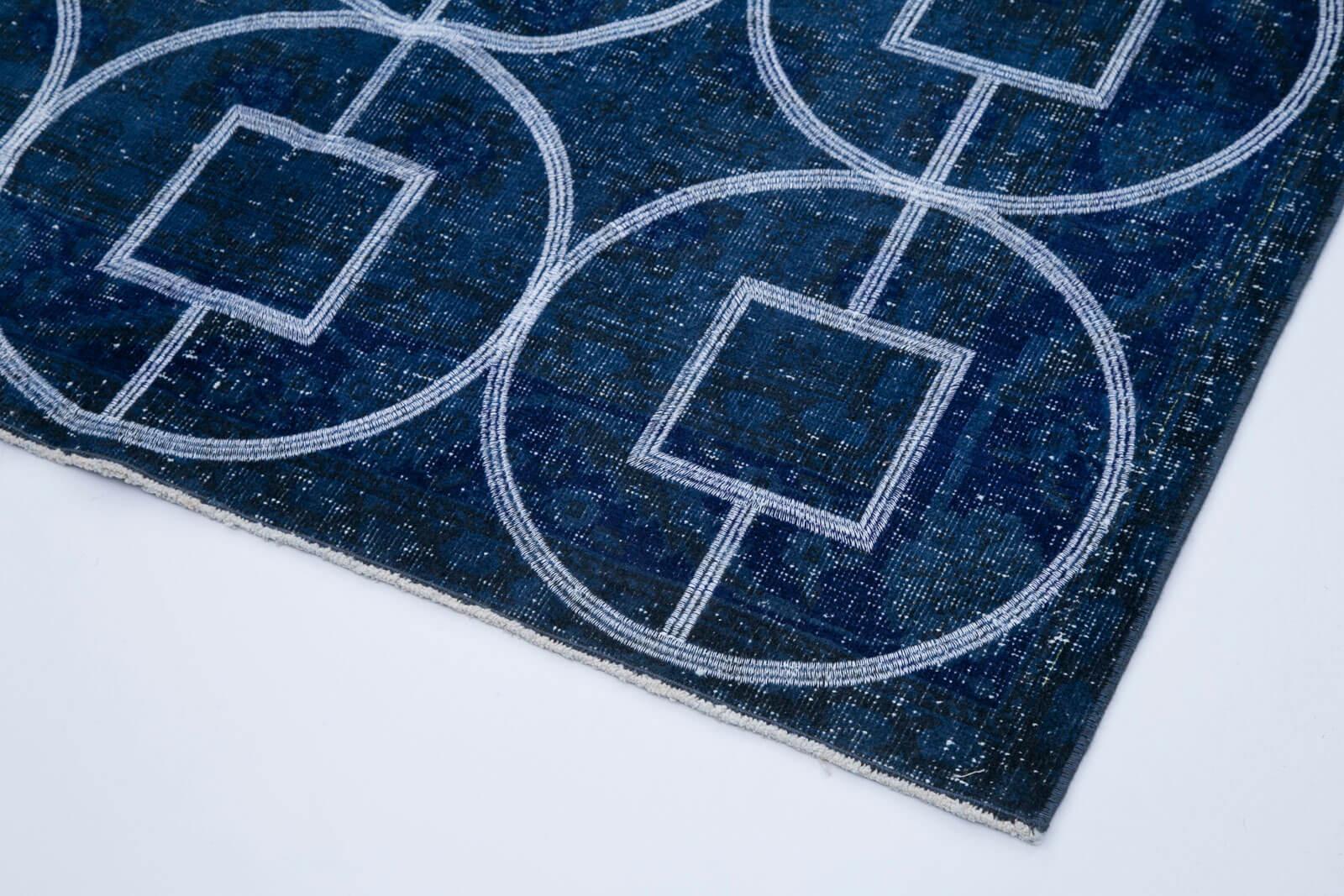 Geometric Carpet Mavi Geometrik Pamuk Yün El Dokuma Halısı 128x364 Agacan