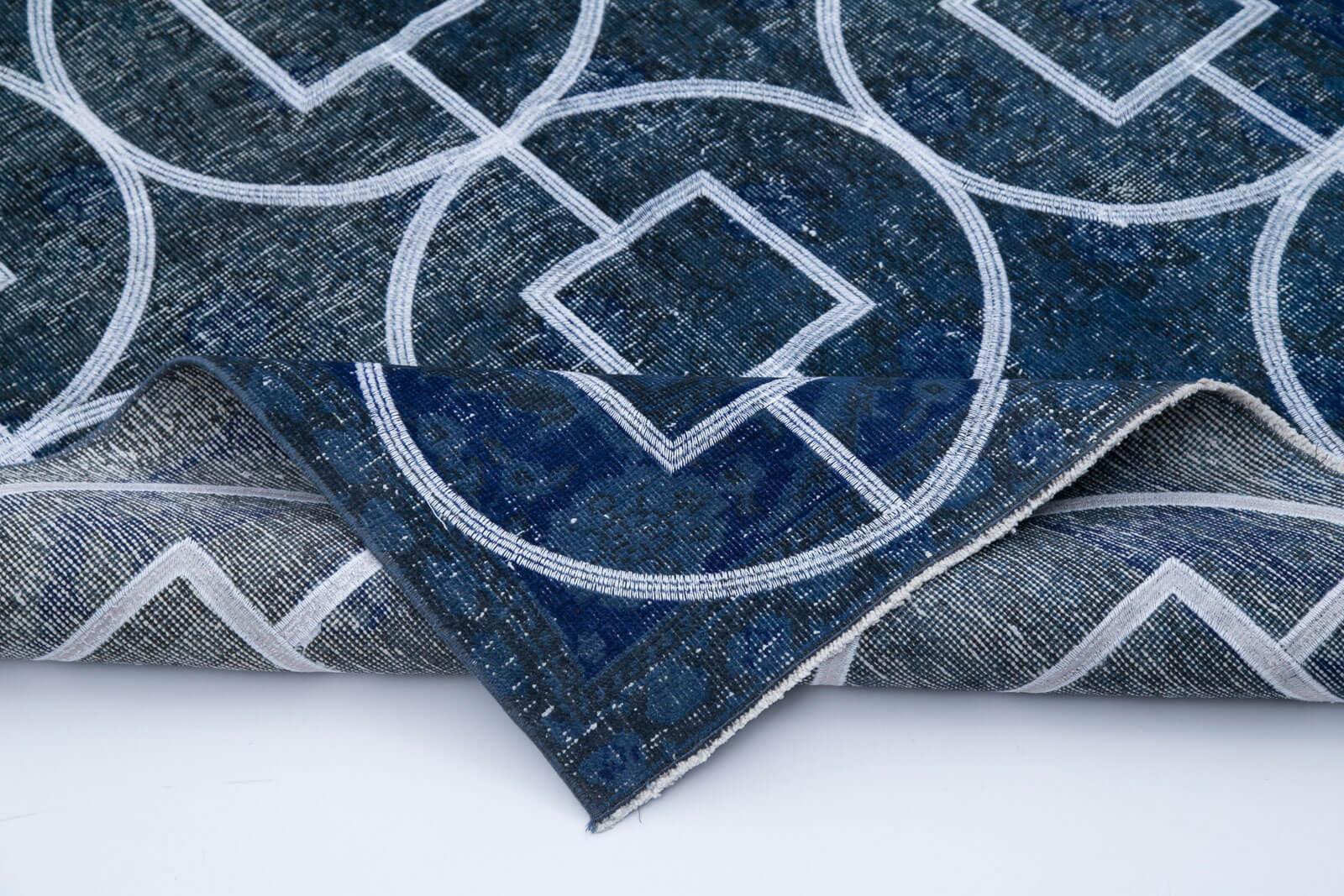 Geometric Carpet Mavi Geometrik Pamuk Yün El Dokuma Halısı 128x364 Agacan