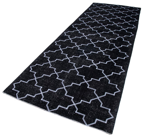 Geometric Carpet Siyah Geometrik Pamuk Yün El Dokuma Halısı 145x400 Agacan