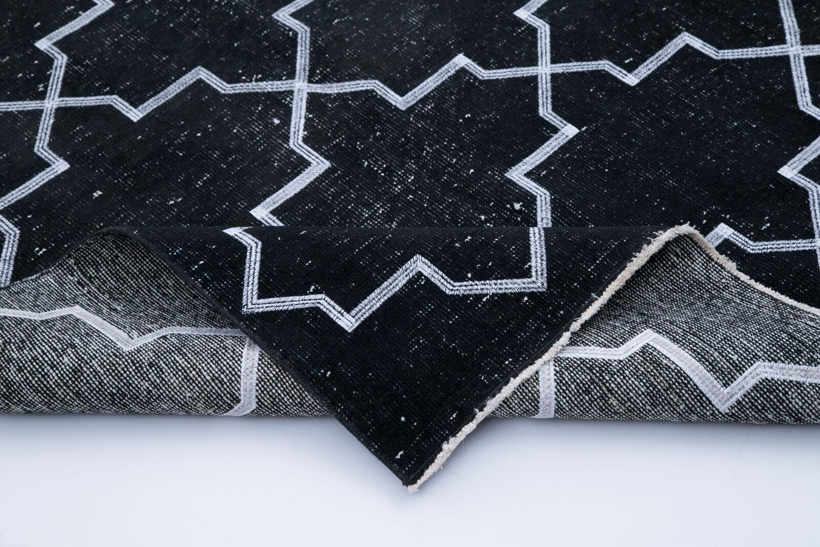 Geometric Carpet Siyah Geometrik Pamuk Yün El Dokuma Halısı 142x350 Agacan