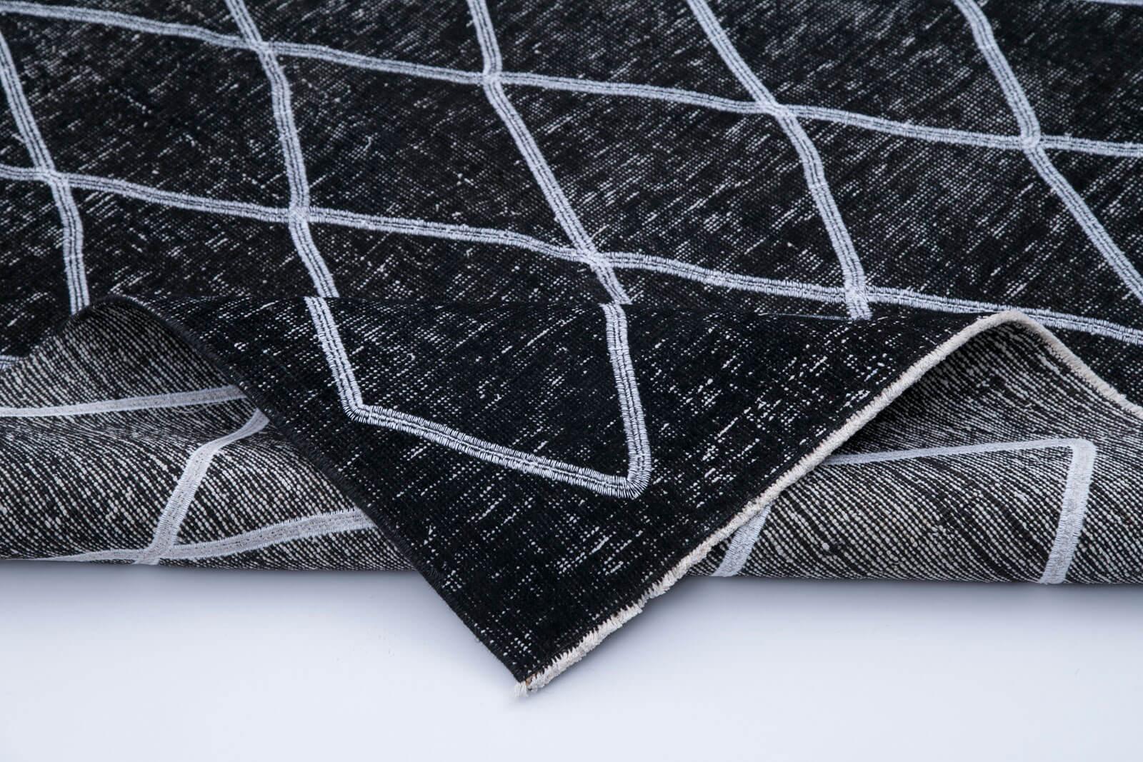 Geometric Carpet Siyah Geometrik Pamuk Yün El Dokuma Halısı 145x350 Agacan