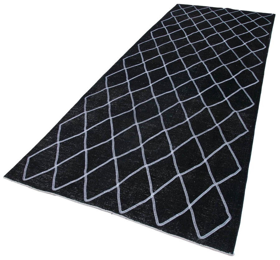 Geometric Carpet Siyah Geometrik Pamuk Yün El Dokuma Halısı 148x382 Agacan
