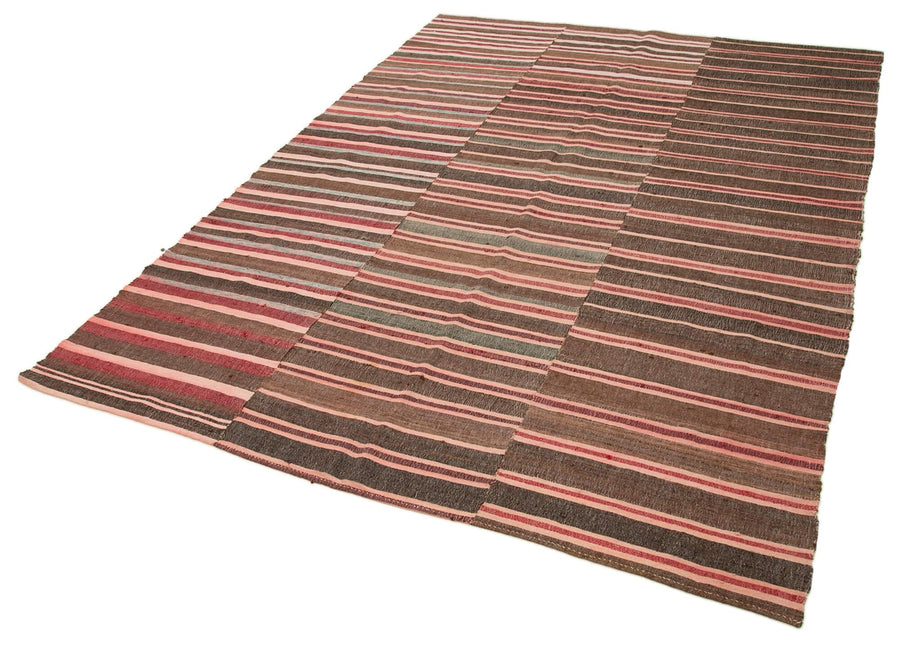 Striped Kilim Kahverengi Çizgili Pamuk Yün El Dokuma Halısı 182x261 Agacan