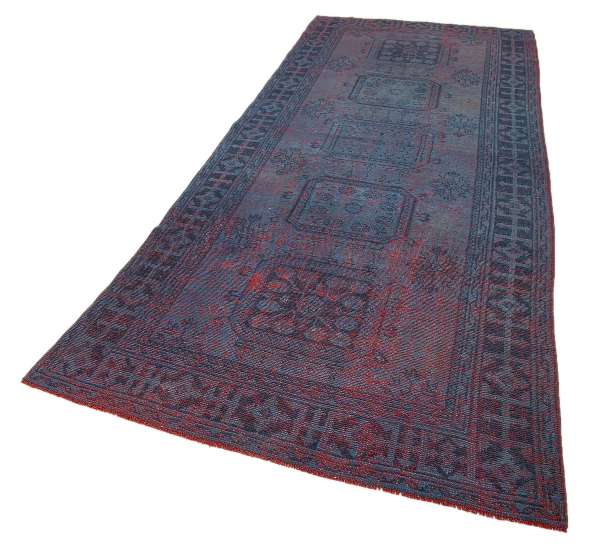 Zile Mavi Eskitme Pamuk Yün El Dokuma Halısı 136x340 Agacan