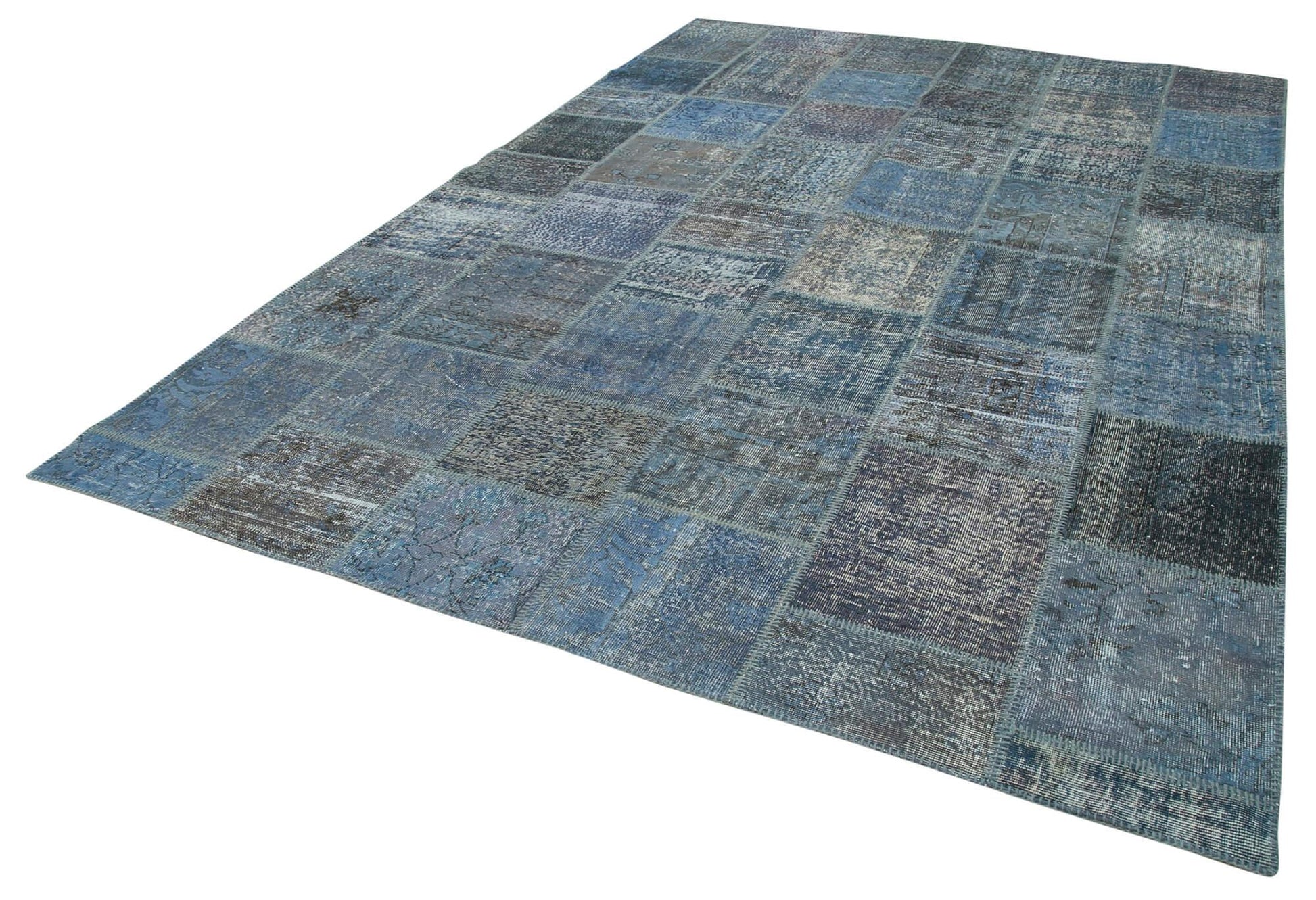 Kırk Yama Mavi Patchwork Pamuk Yün El Dokuma Halısı 235x353 Agacan