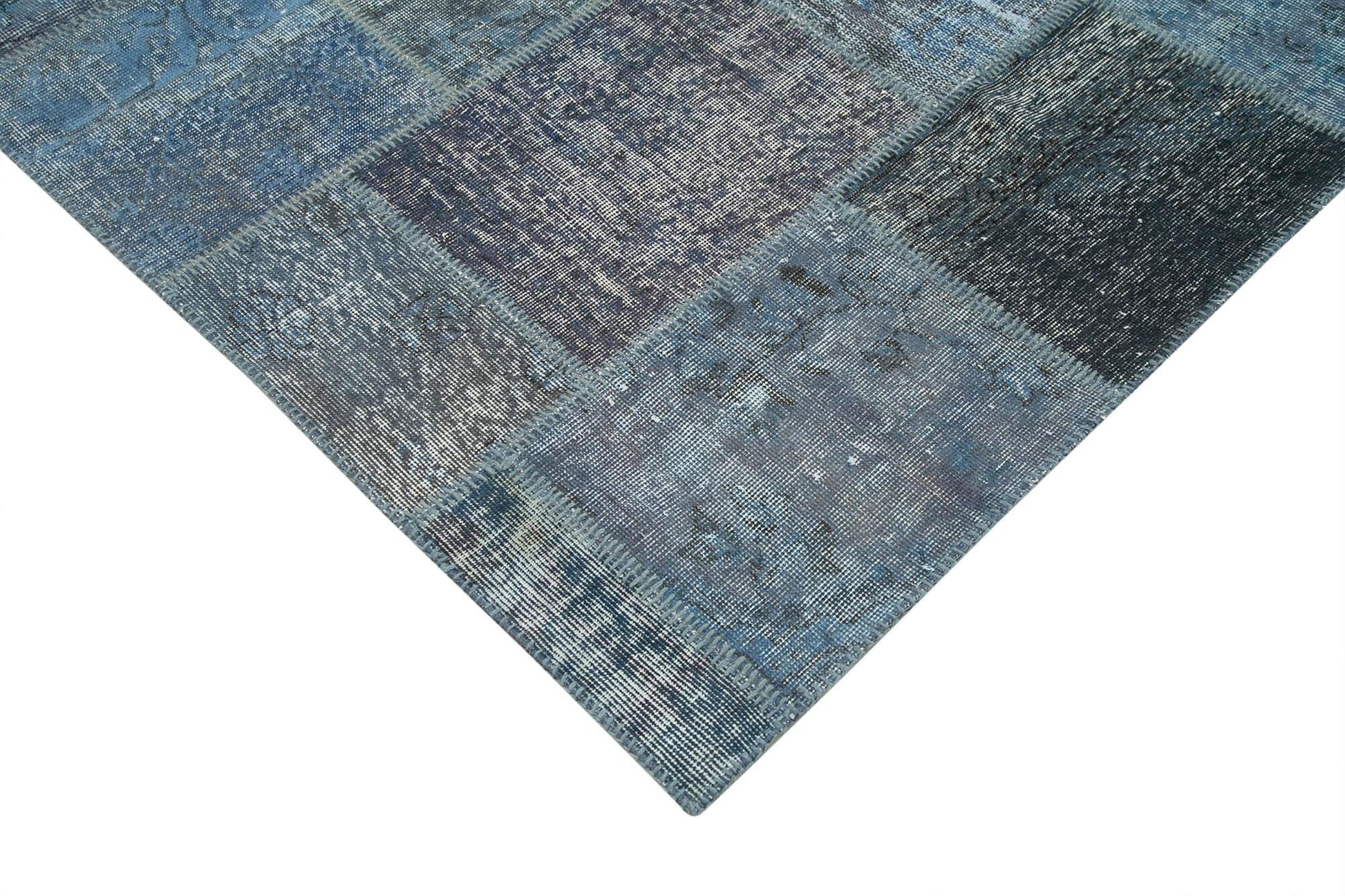 Kırk Yama Mavi Patchwork Pamuk Yün El Dokuma Halısı 235x353 Agacan