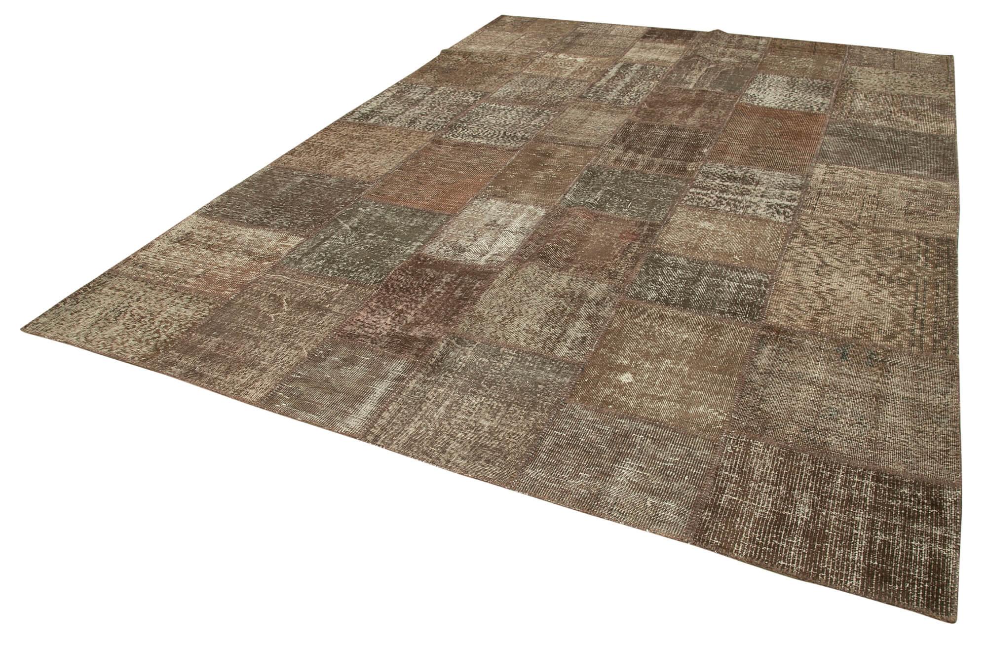 Kırk Yama Kahverengi Patchwork Pamuk Yün El Dokuma Halısı 253x348 Agacan