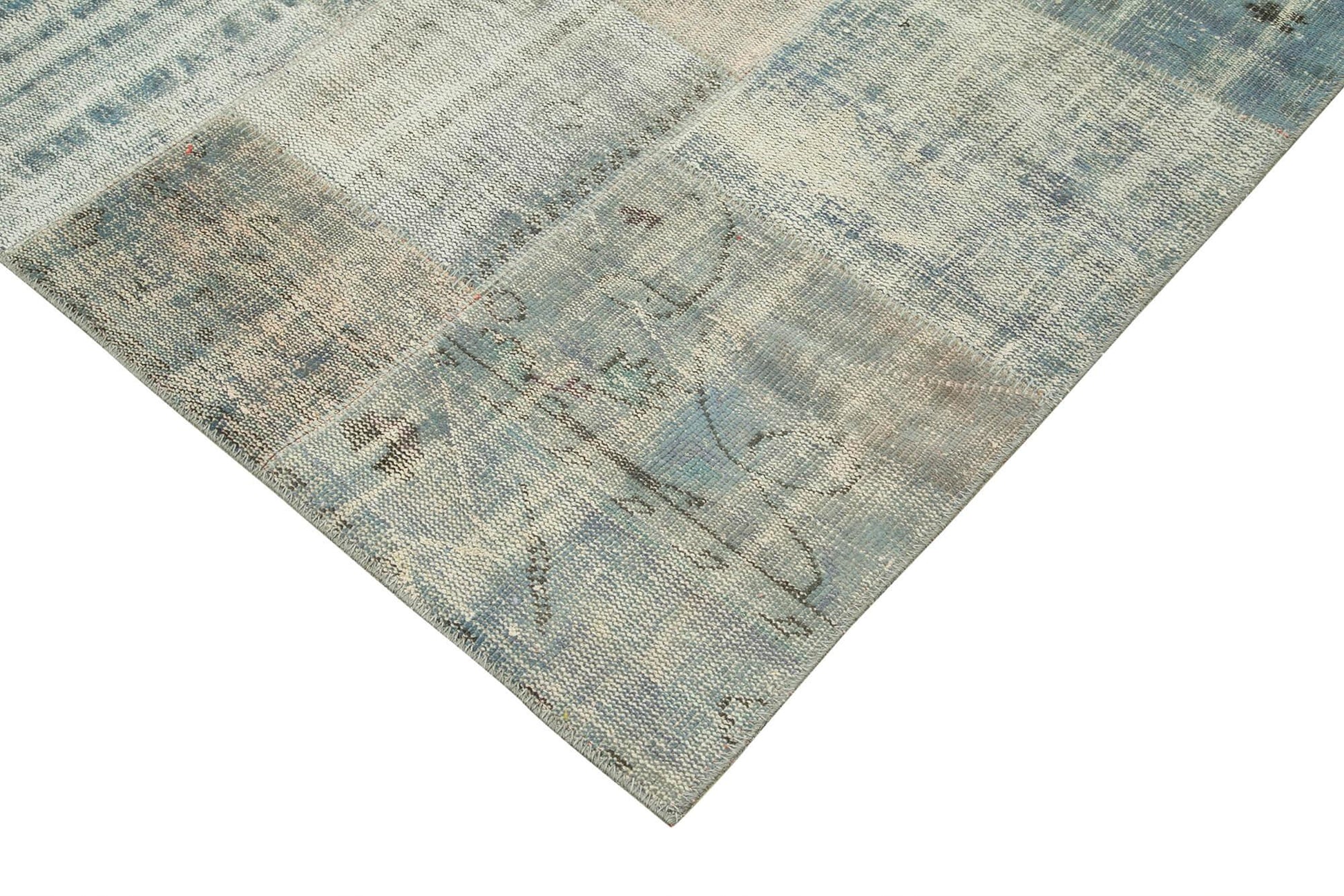 Kırk Yama Mavi Patchwork Pamuk Yün El Dokuma Halısı 258x355 Agacan