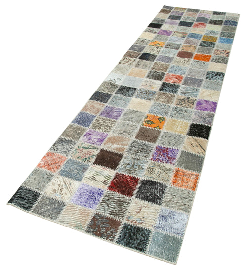 Kırk Yama Gri Patchwork Pamuk Yün El Dokuma Halısı 86x322 Agacan