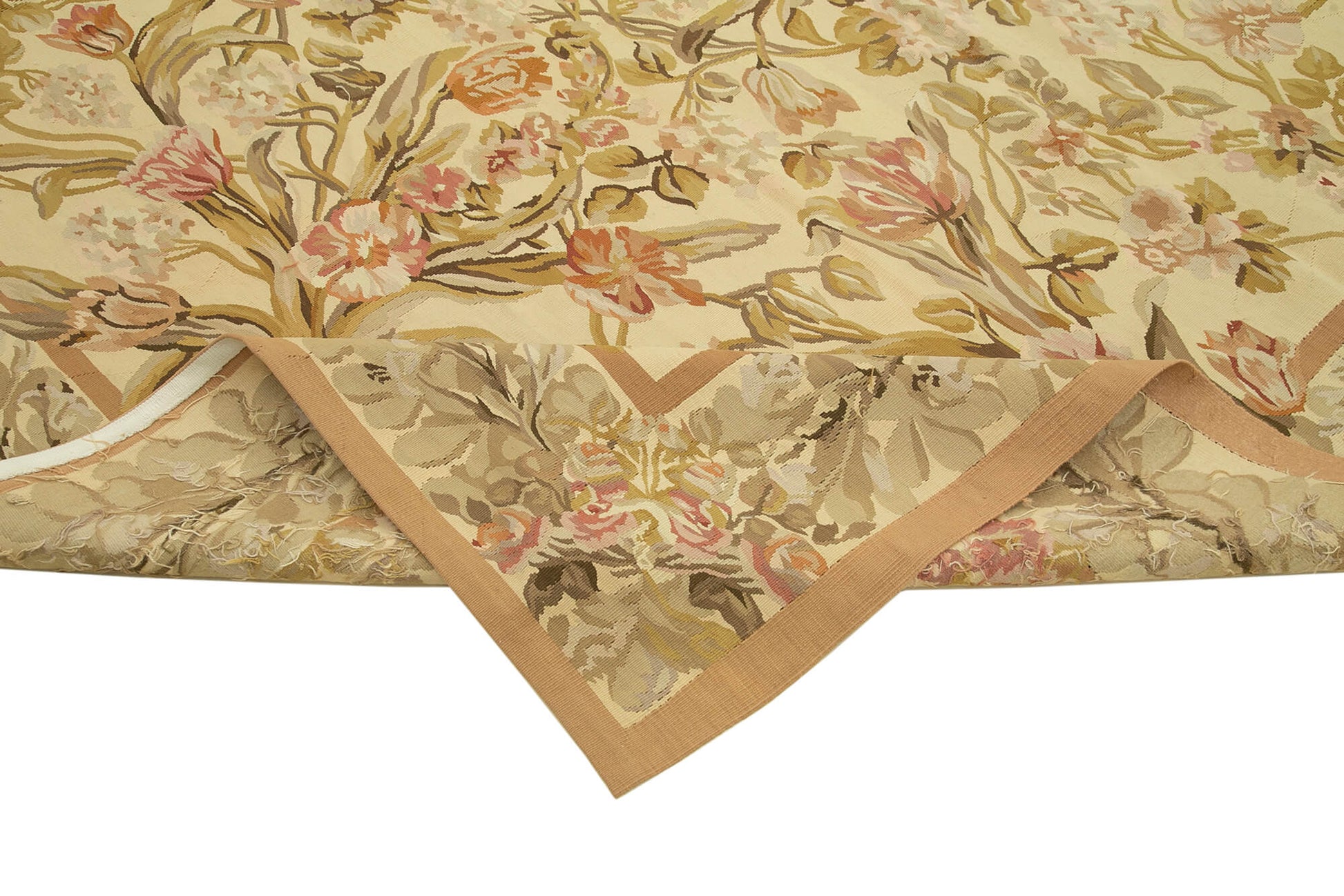 Aubusson Floral Bej Çiçekli Pamuk Yün El Dokuma Halısı 266x366 Agacan