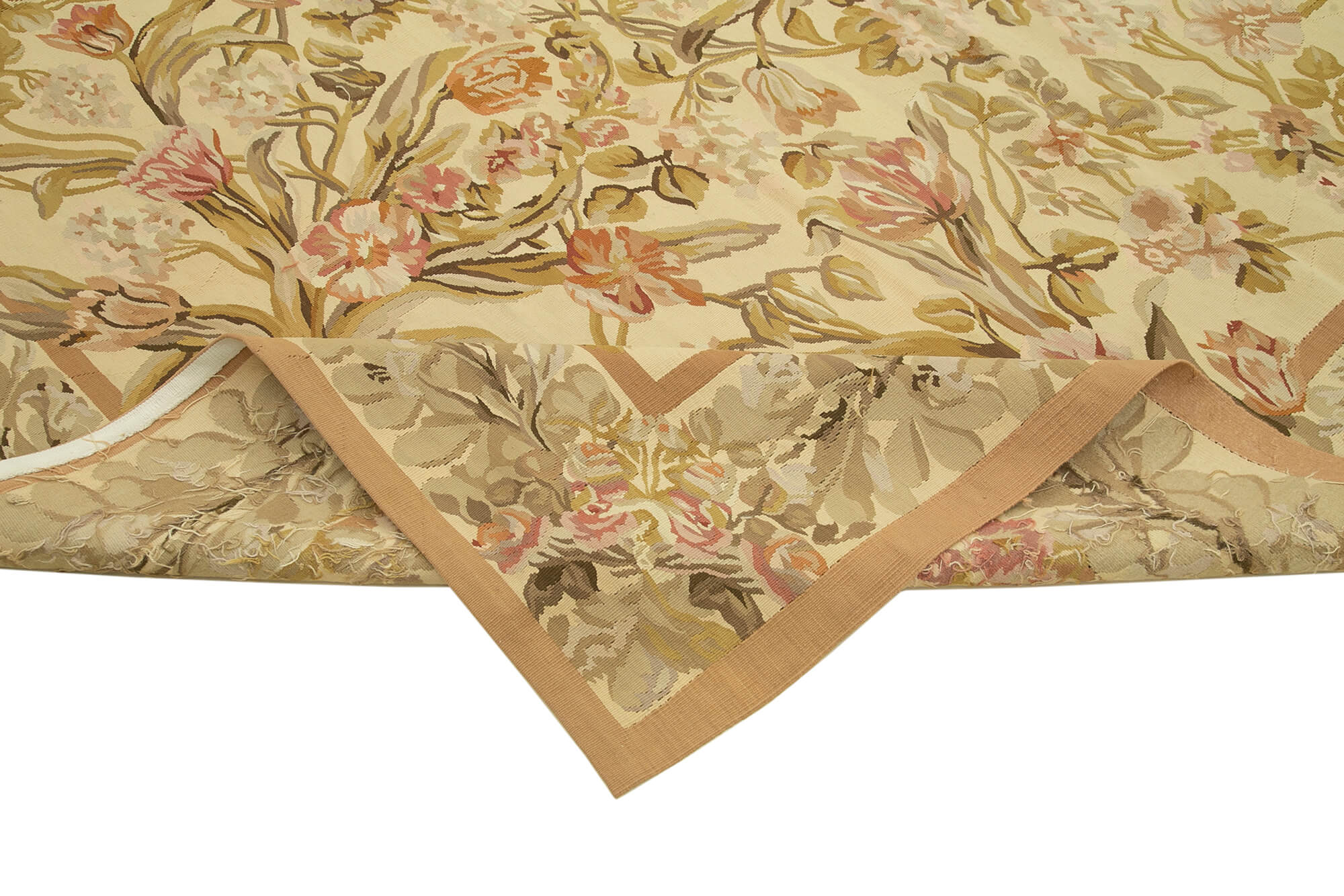 Aubusson Floral Bej Çiçekli Pamuk Yün El Dokuma Halısı 266x366 Agacan