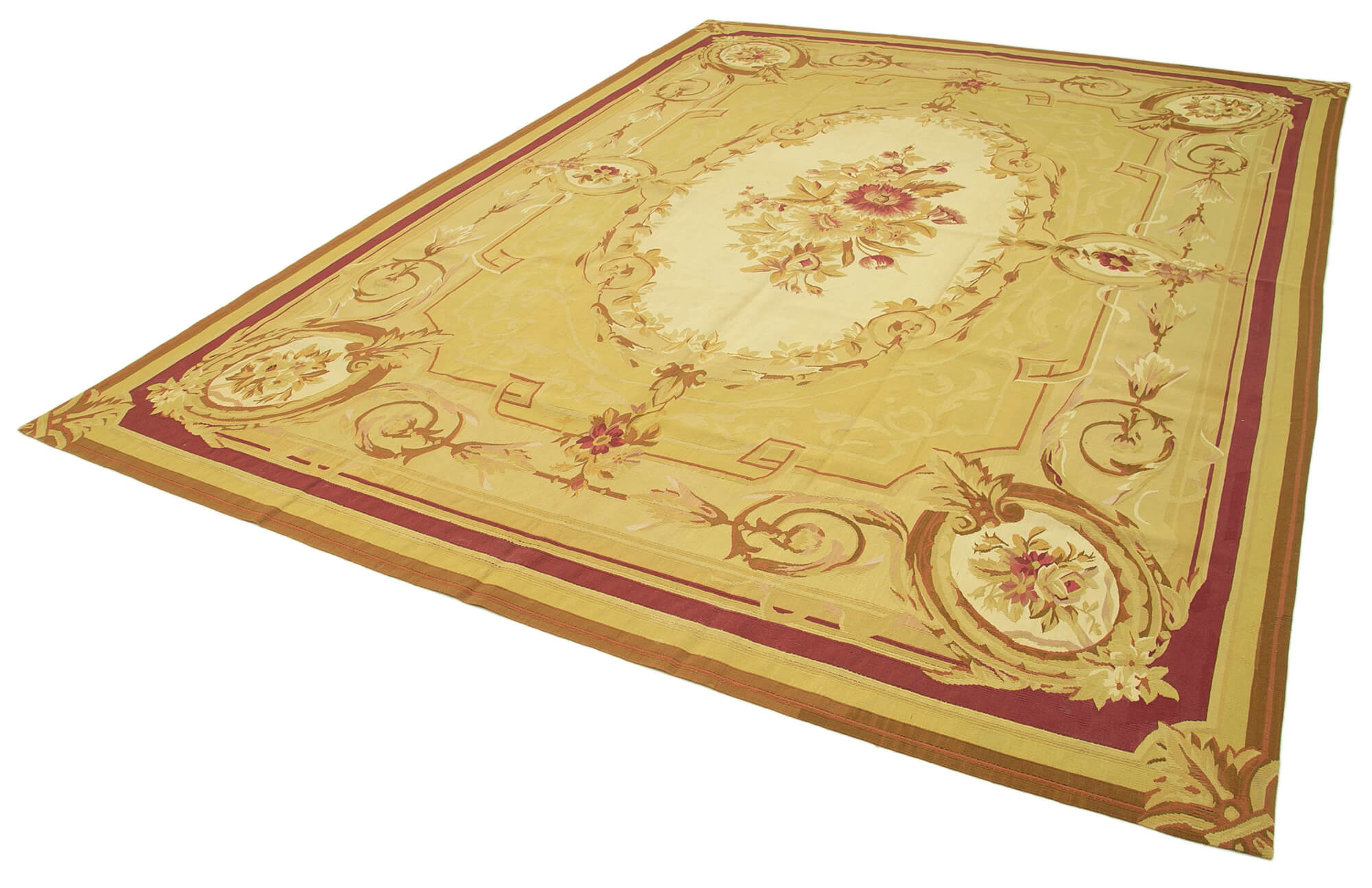 Aubusson Floral Sarı Çiçekli Pamuk Yün El Dokuma Halısı 265x363 Agacan