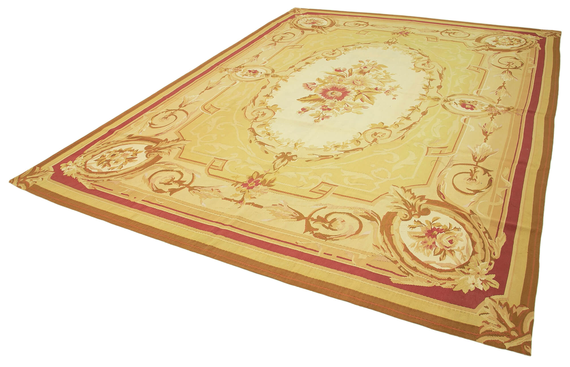 Aubusson Floral Sarı Çiçekli Pamuk Yün El Dokuma Halısı 261x365 Agacan