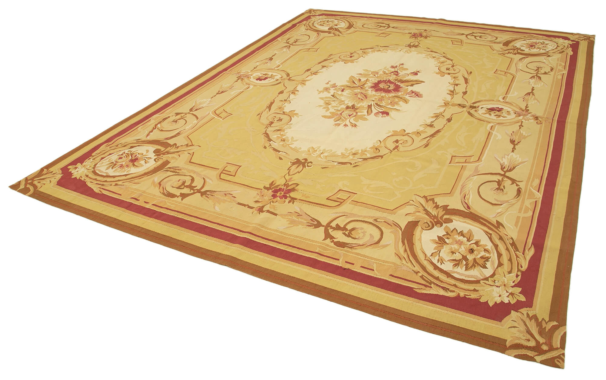 Aubusson Floral Sarı Çiçekli Pamuk Yün El Dokuma Halısı 266x357 Agacan
