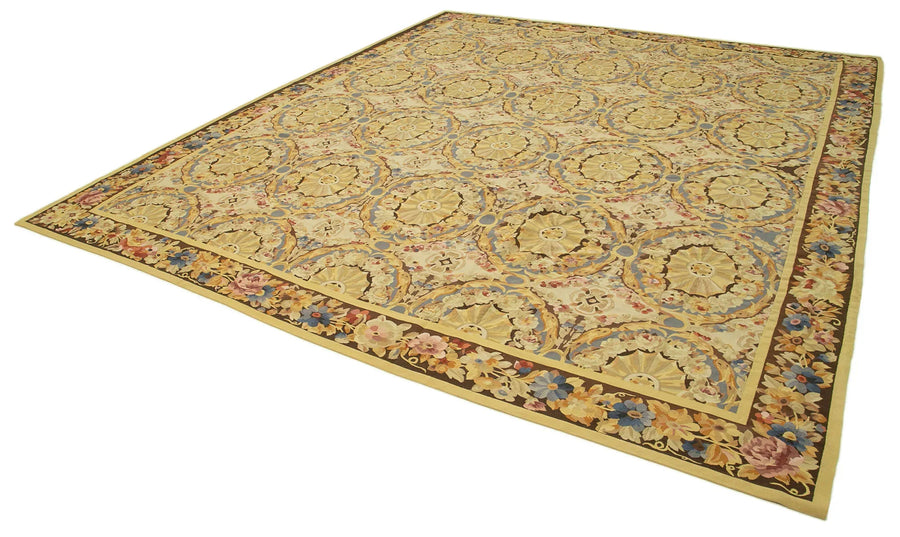 Aubusson Floral Sarı Çiçekli Pamuk Yün El Dokuma Halısı 338x381 Agacan