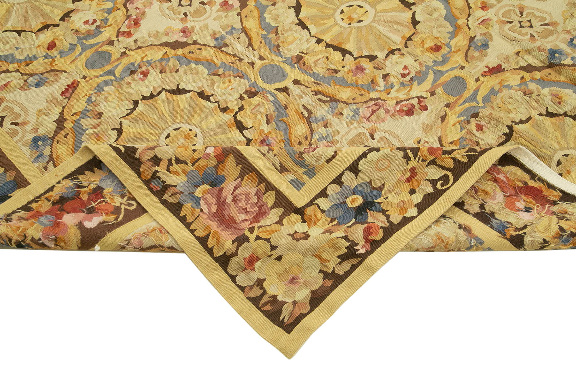 Aubusson Floral Sarı Çiçekli Pamuk Yün El Dokuma Halısı 338x381 Agacan