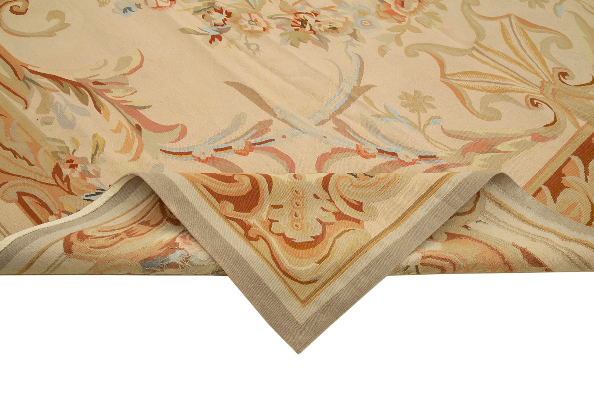 Aubusson Floral Bej Çiçekli Pamuk Yün El Dokuma Halısı 265x360 Agacan