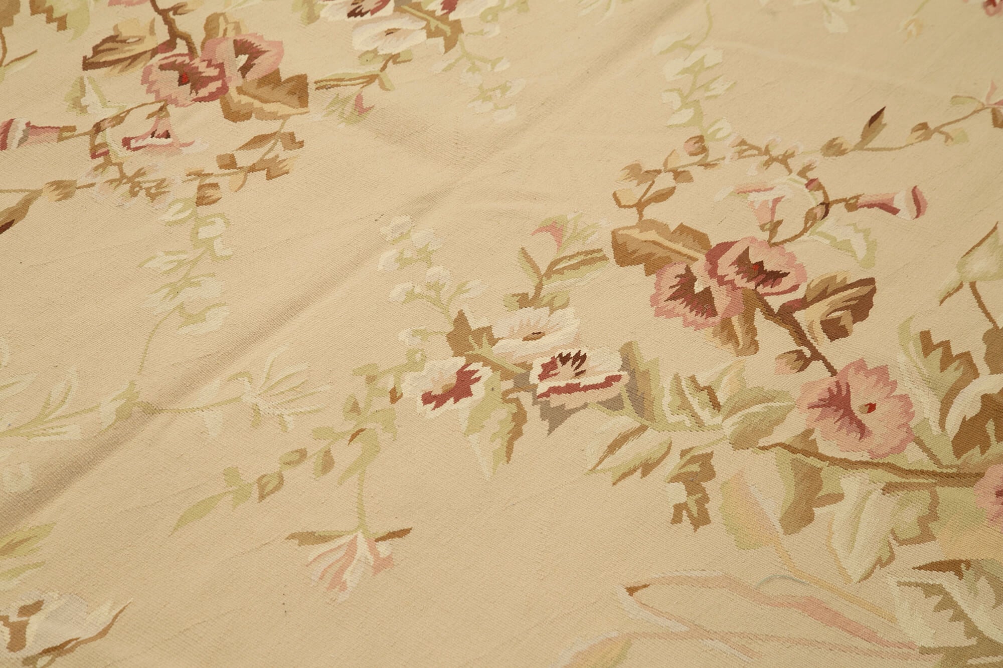 Aubusson Floral Bej Çiçekli Pamuk Yün El Dokuma Halısı 268x367 Agacan