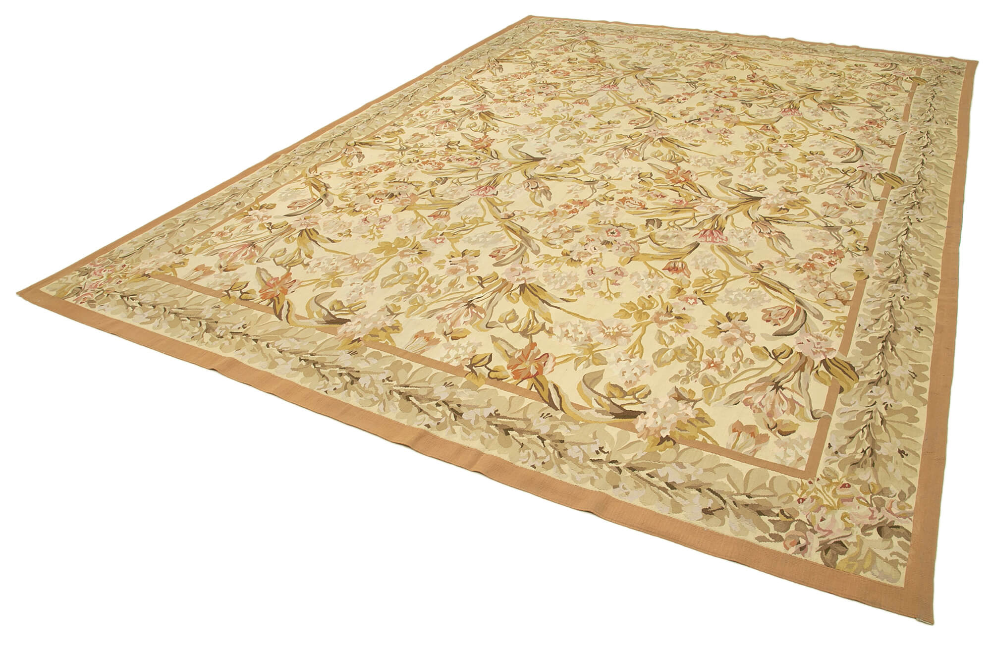 Aubusson Floral Sarı Çiçekli Pamuk Yün El Dokuma Halısı 304x430 Agacan