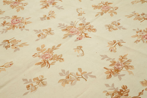 Aubusson Floral Bej Çiçekli Pamuk Yün El Dokuma Halısı 263x353 Agacan