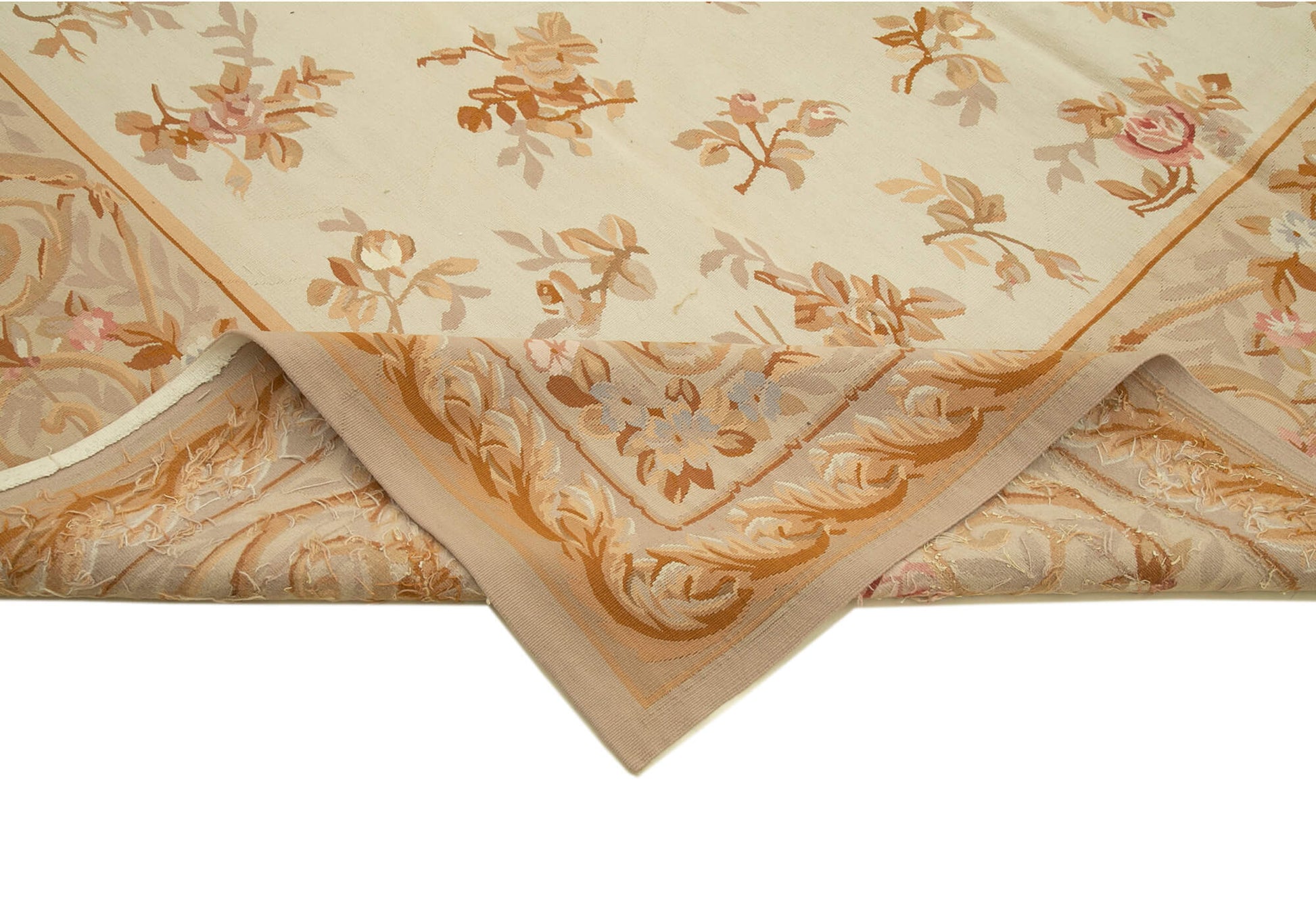 Aubusson Floral Bej Çiçekli Pamuk Yün El Dokuma Halısı 263x353 Agacan