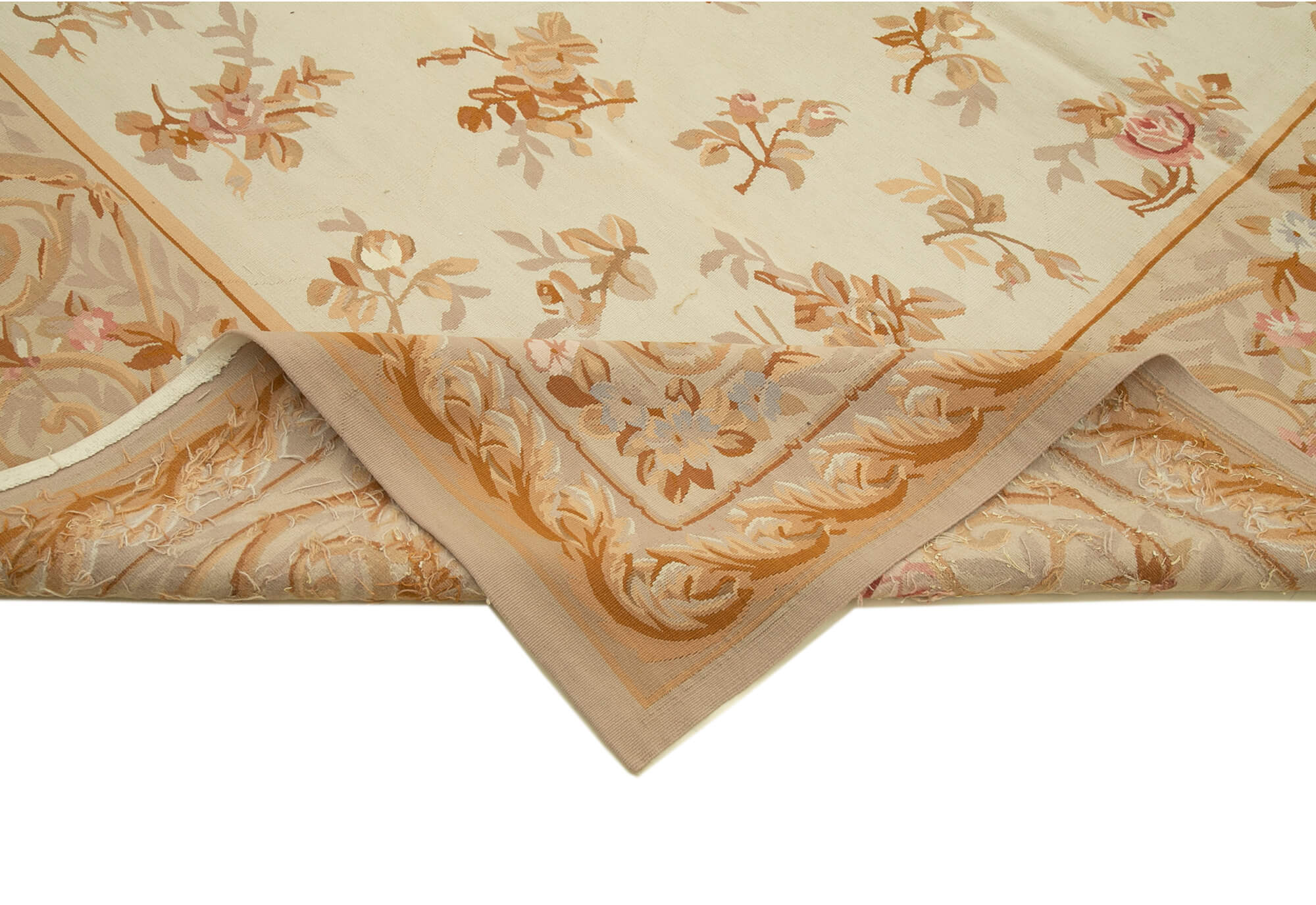 Aubusson Floral Bej Çiçekli Pamuk Yün El Dokuma Halısı 263x353 Agacan