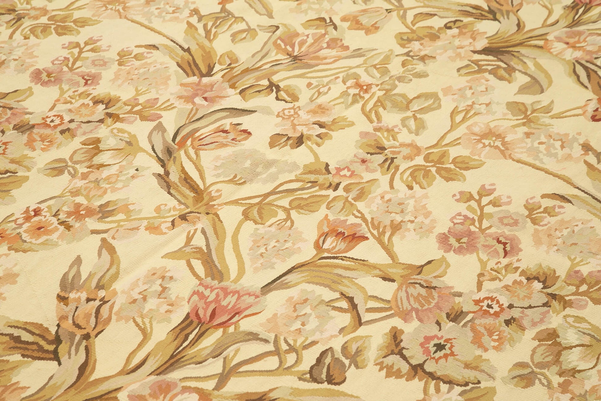 Aubusson Floral Bej Çiçekli Pamuk Yün El Dokuma Halısı 268x370 Agacan