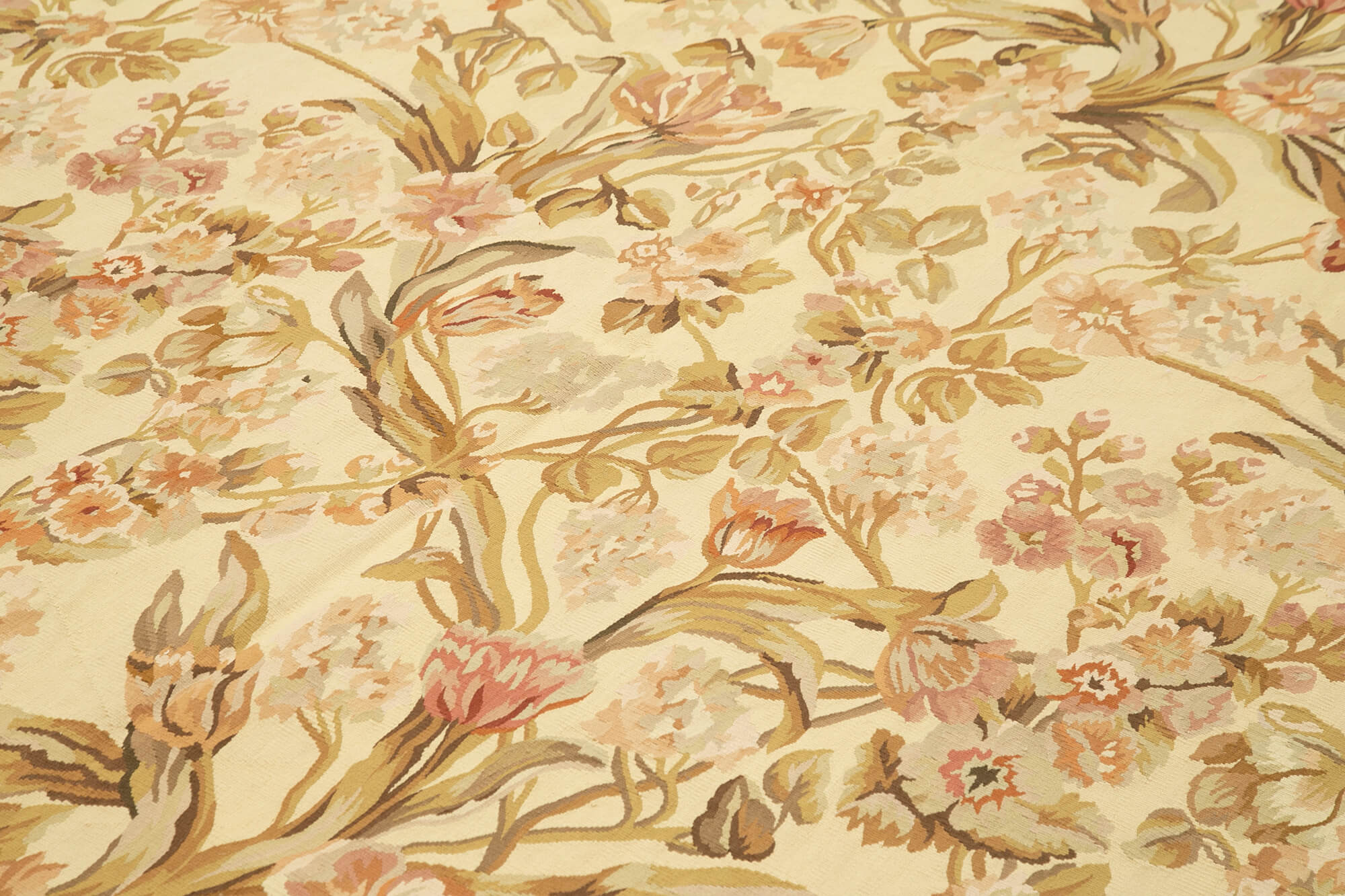 Aubusson Floral Bej Çiçekli Pamuk Yün El Dokuma Halısı 268x370 Agacan