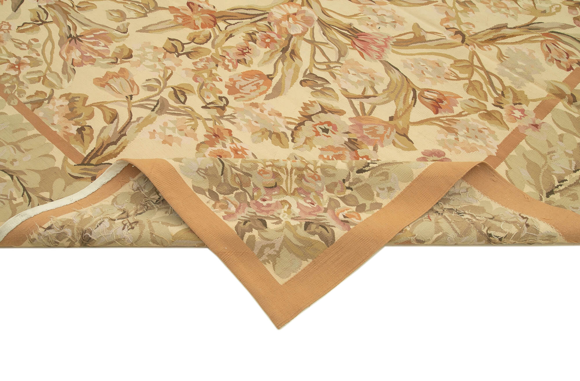 Aubusson Floral Bej Çiçekli Pamuk Yün El Dokuma Halısı 268x370 Agacan