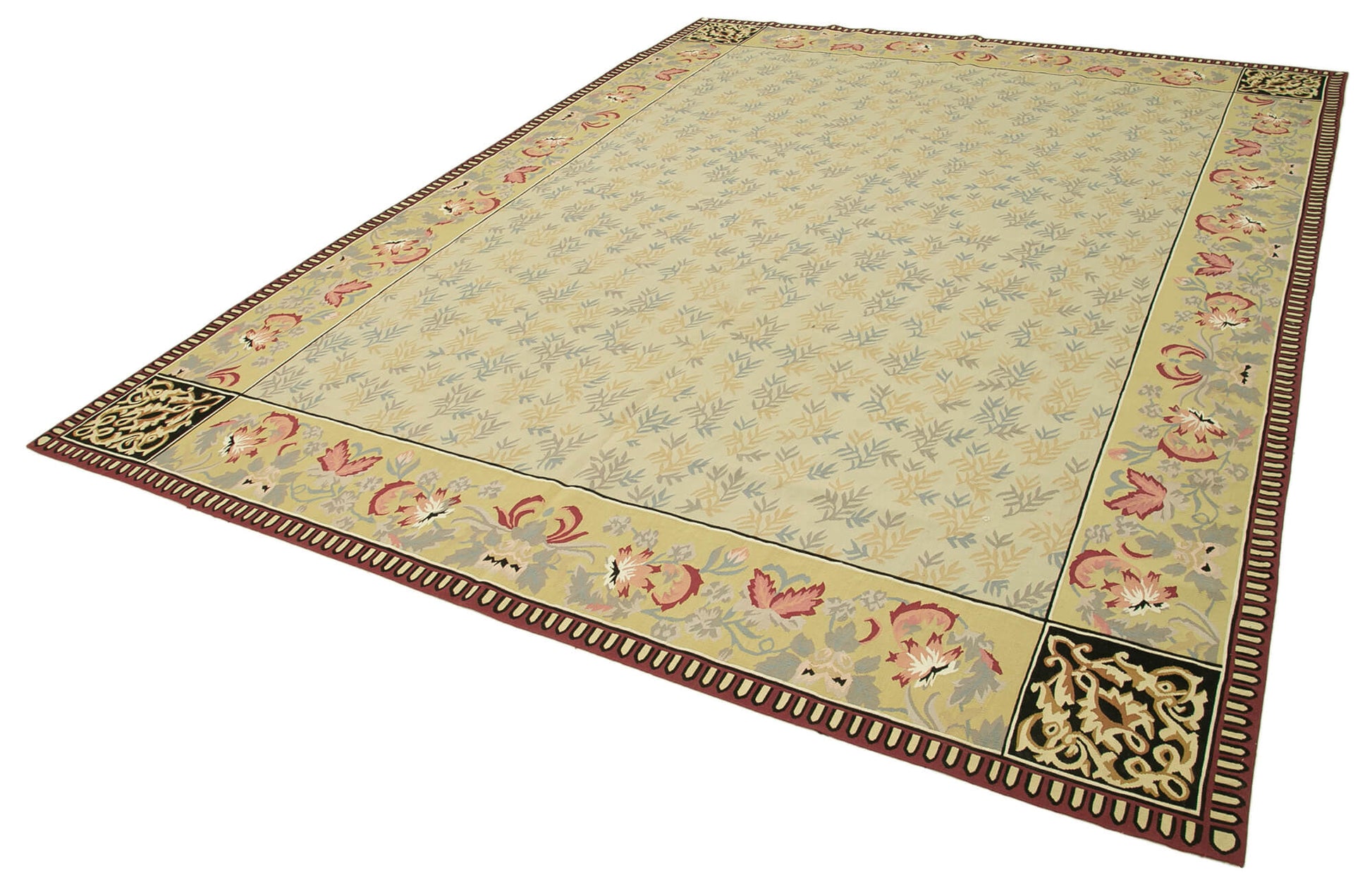 Aubusson Floral Yeşil Çiçekli Pamuk Yün El Dokuma Halısı 273x367 Agacan