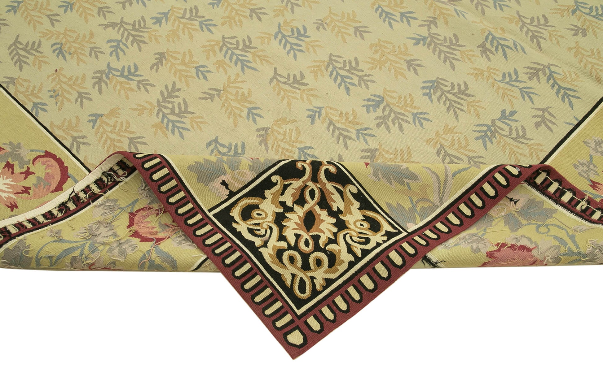 Aubusson Floral Yeşil Çiçekli Pamuk Yün El Dokuma Halısı 273x367 Agacan