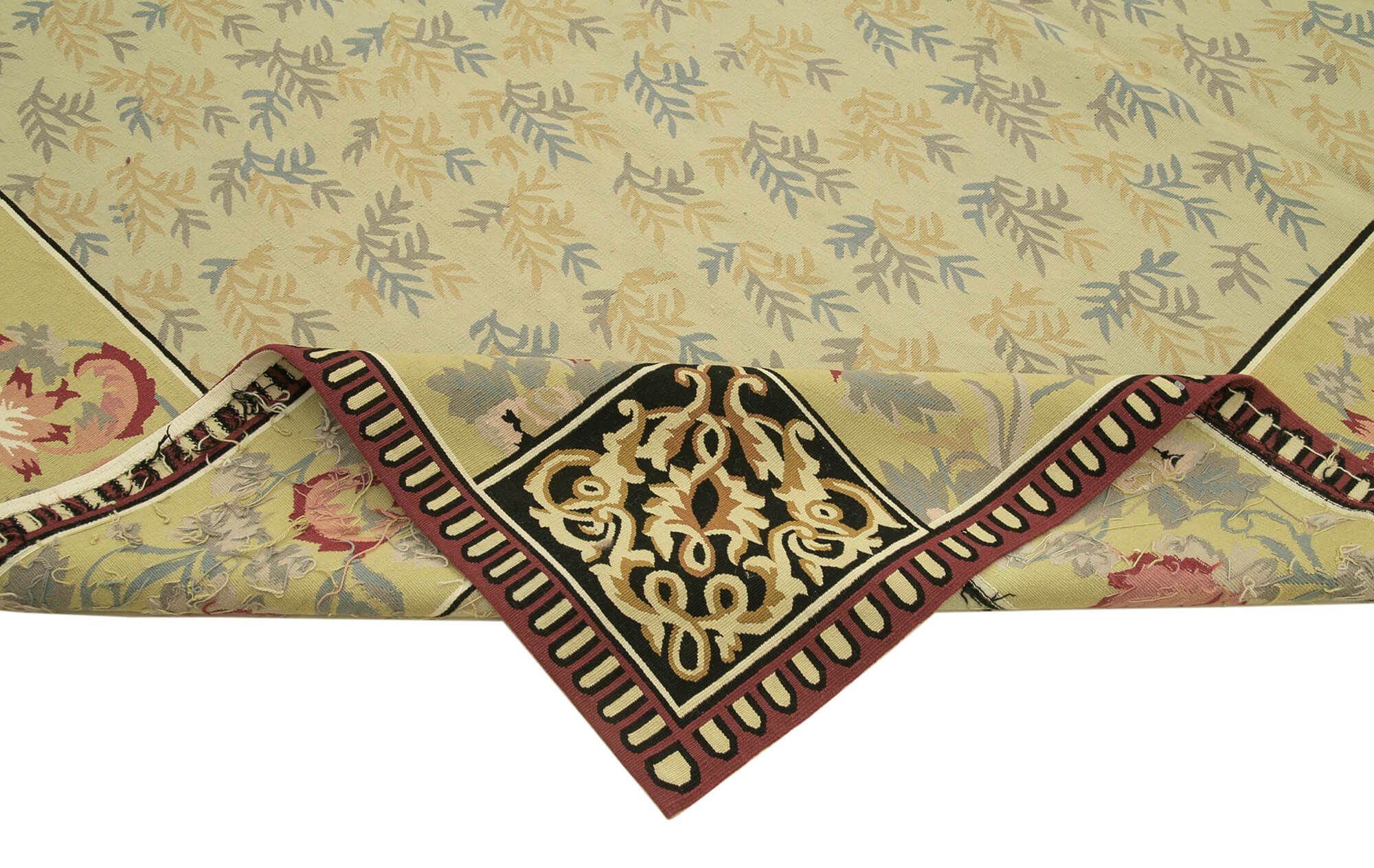 Aubusson Floral Yeşil Çiçekli Pamuk Yün El Dokuma Halısı 273x367 Agacan