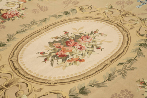 Aubusson Floral Bej Çiçekli Pamuk Yün El Dokuma Halısı 269x338 Agacan